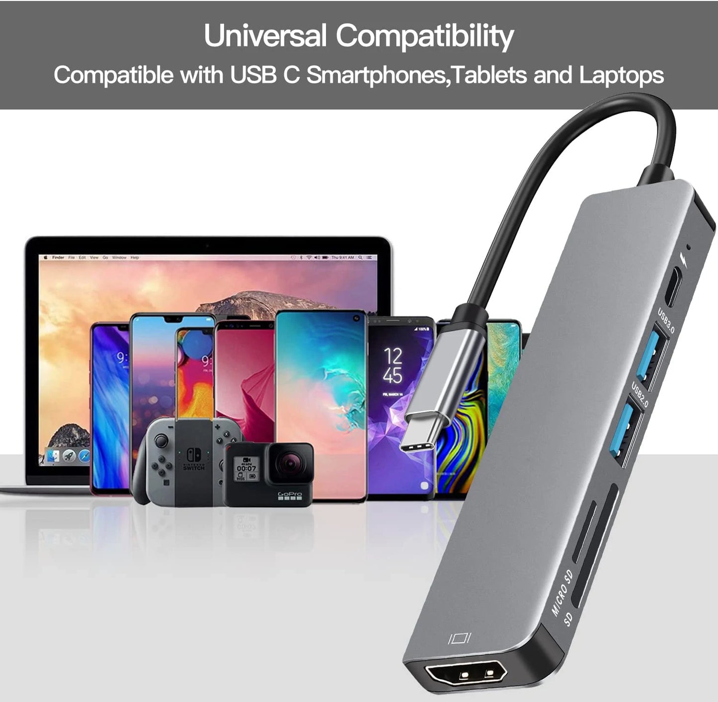 6-In-1 USB-C Hub Adapter HDMI 4K@30Hz USB3.0 USB-C Docking Station 100W PD Charging SD Reader Witch Splitter for Apple Huawei Laptops Macbook