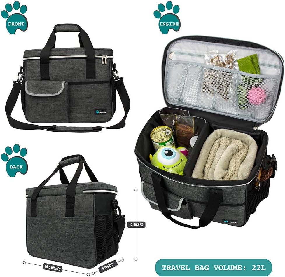 Dog Travel Bag, Travel Pet Bag Organizer, Dog Food Travel Bag with Food Container and Bowls, Dog Travel Supplies Gift Accessories for Weekend Camping, Dog Cat Diaper Bag (Charcoal, Medium)