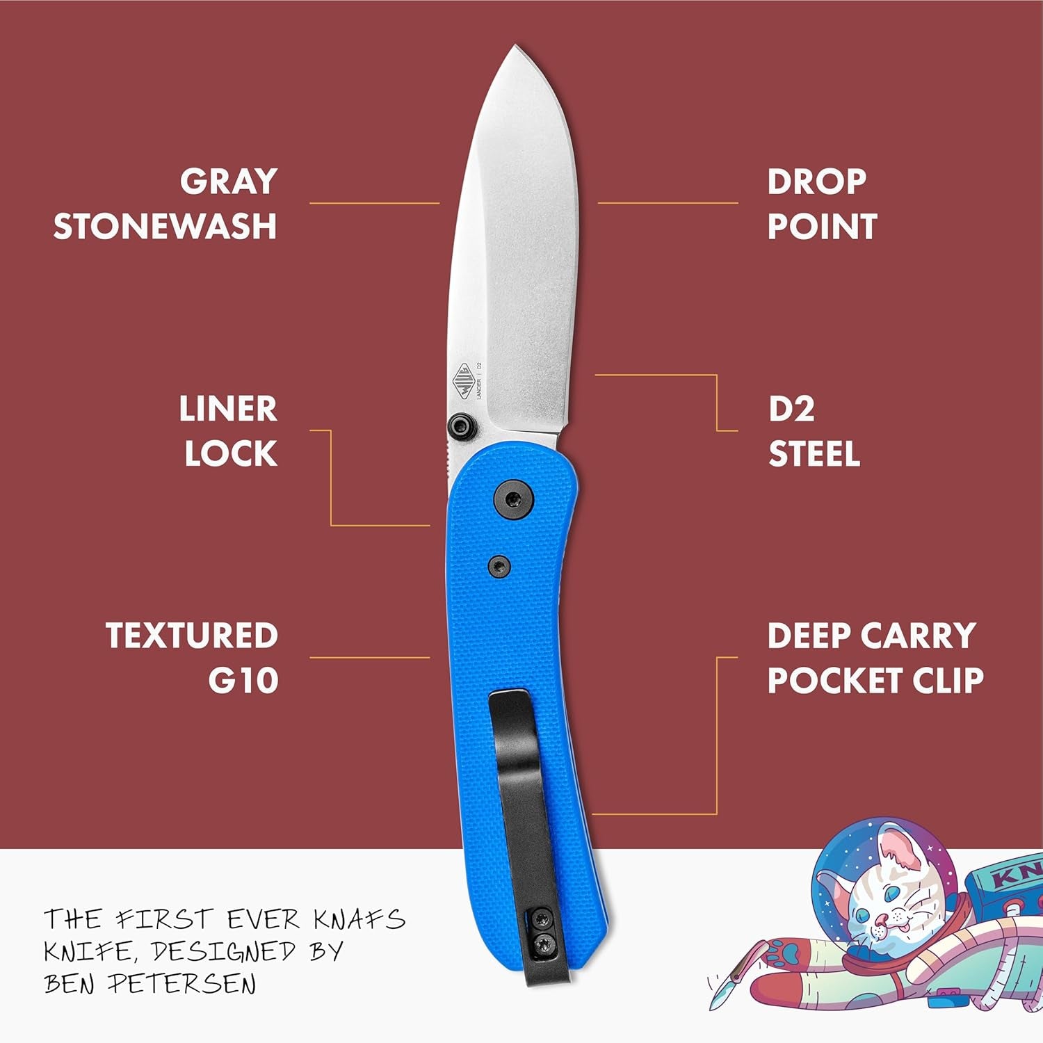 - Lander 1 Folding Pocket Knife with Clip - EDC for Men, Women, Everyone - Gray Stonewash Blade - Blue G10 Handle