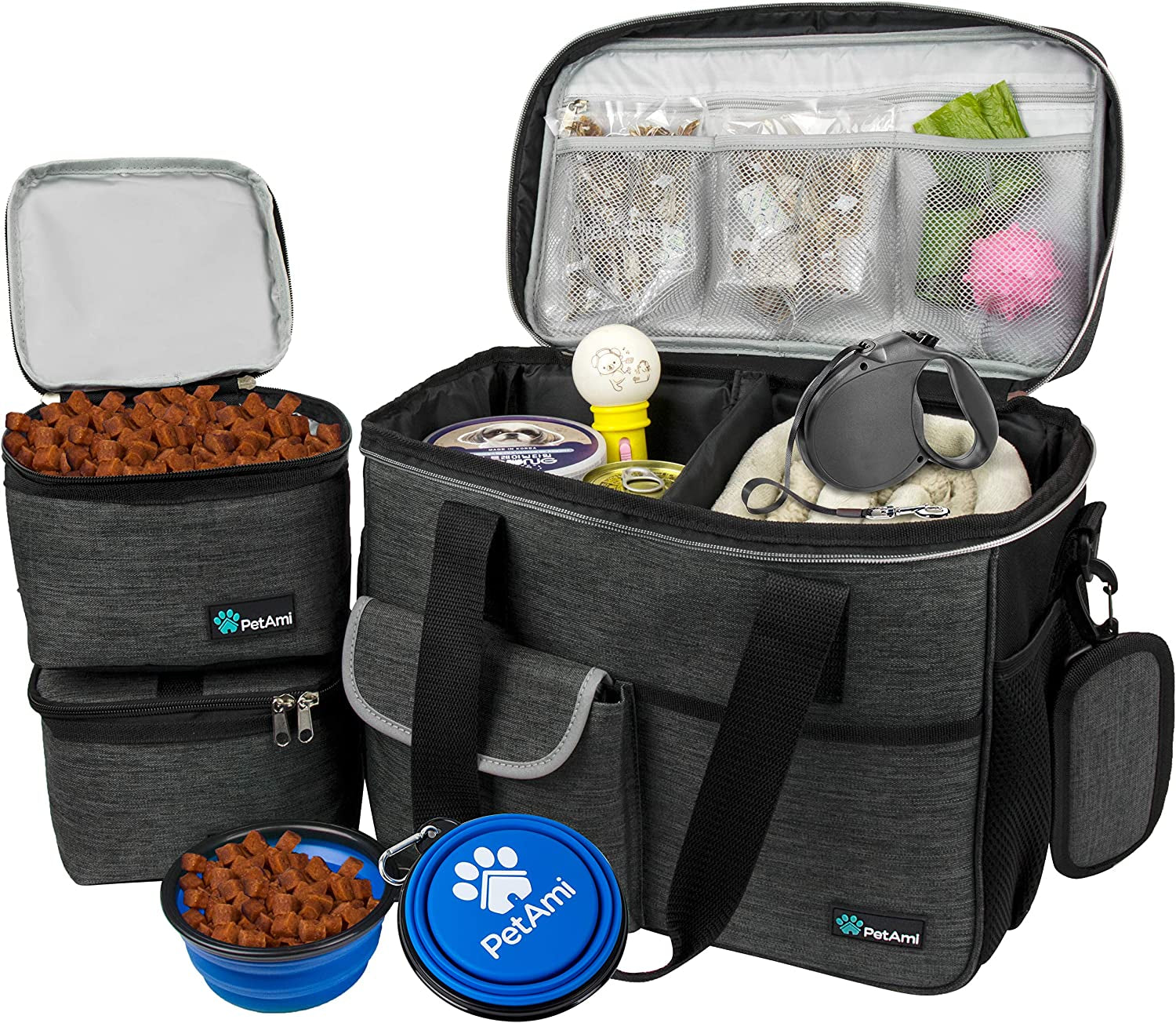 Dog Travel Bag, Travel Pet Bag Organizer, Dog Food Travel Bag with Food Container and Bowls, Dog Travel Supplies Gift Accessories for Weekend Camping, Dog Cat Diaper Bag (Charcoal, Medium)