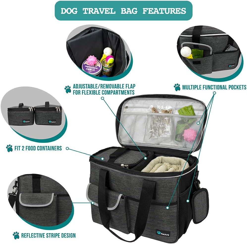 Dog Travel Bag, Travel Pet Bag Organizer, Dog Food Travel Bag with Food Container and Bowls, Dog Travel Supplies Gift Accessories for Weekend Camping, Dog Cat Diaper Bag (Charcoal, Medium)