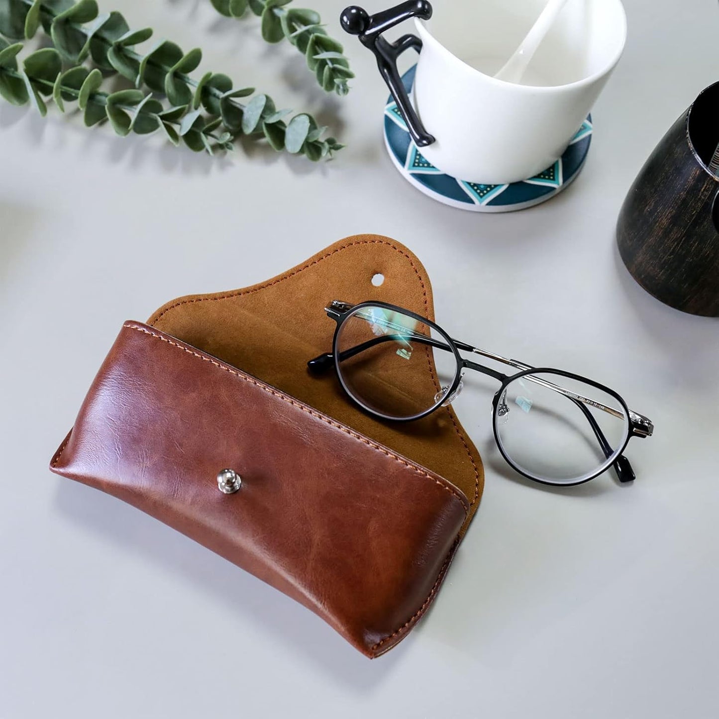 Portable Leather Glasses Case,Flexible Sunglasses Pouch Slim Case for Women Men Horizontal Eyeglass Case