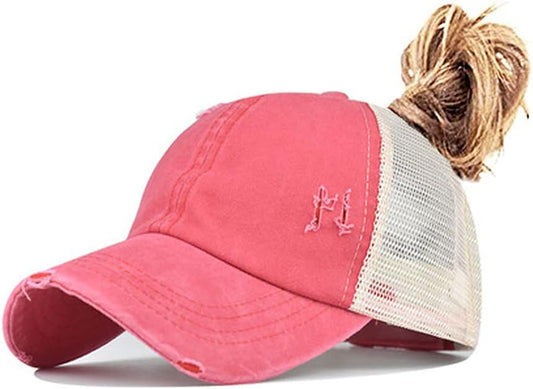High Ponytail Baseball Cap for Womens Men Adjustable Dad Trucker Mesh Hat