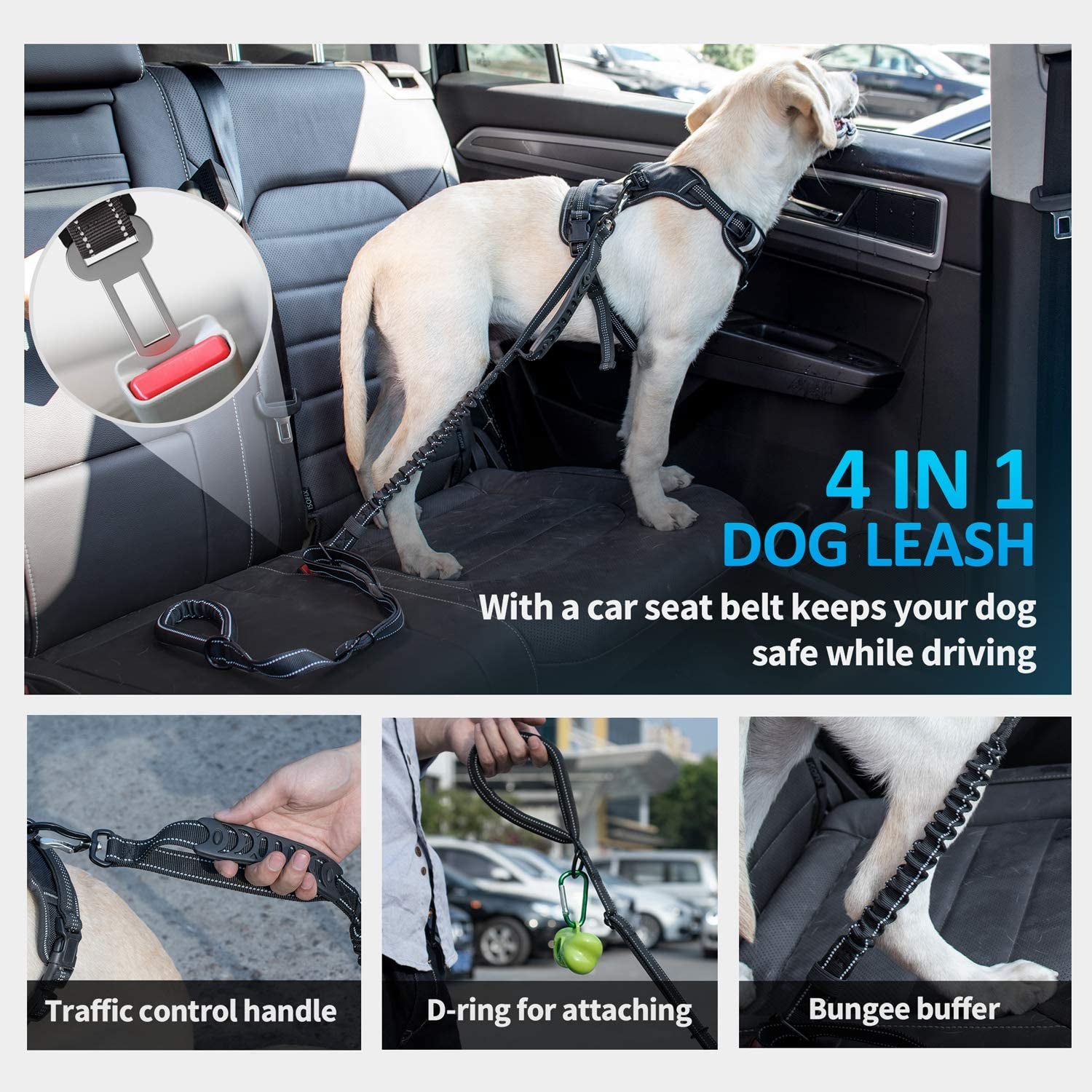 Multifunctional Leash with Car Seatbelt for Large, Medium Dogs, Adjustable, 4-6 FT Strong Bungee Leash