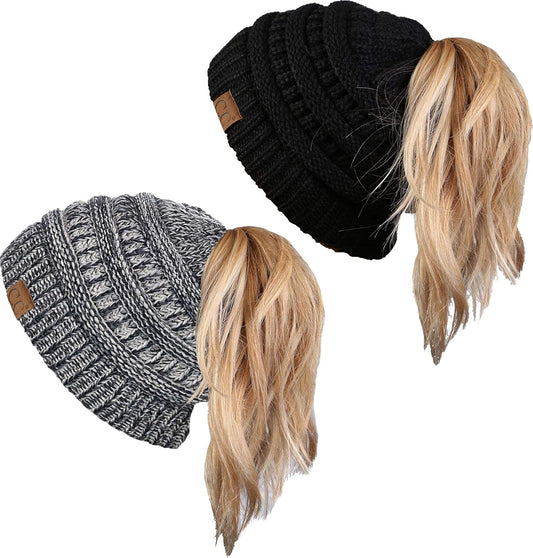 Women'S Beanie Ponytail Messy Bun Beanietail Solid Ribbed Hat Cap