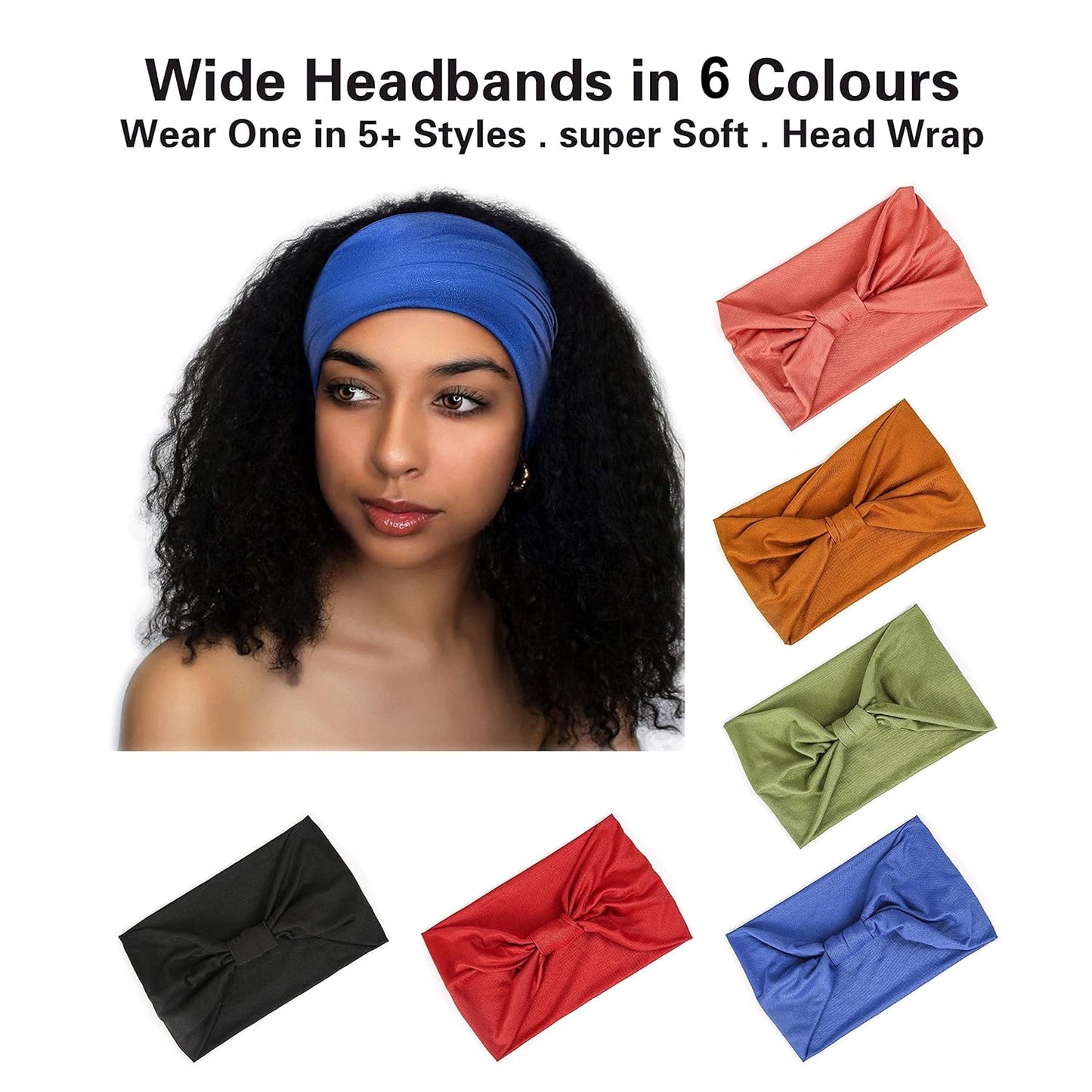 6 Pack Wide Headbands for Women Non Slip Soft Elastic Hair Bands Yoga Running Sports Workout Gym Head Wraps, Knotted Cotton Cloth African Turbans Bandana (With 6 Pcs Hair Ties)