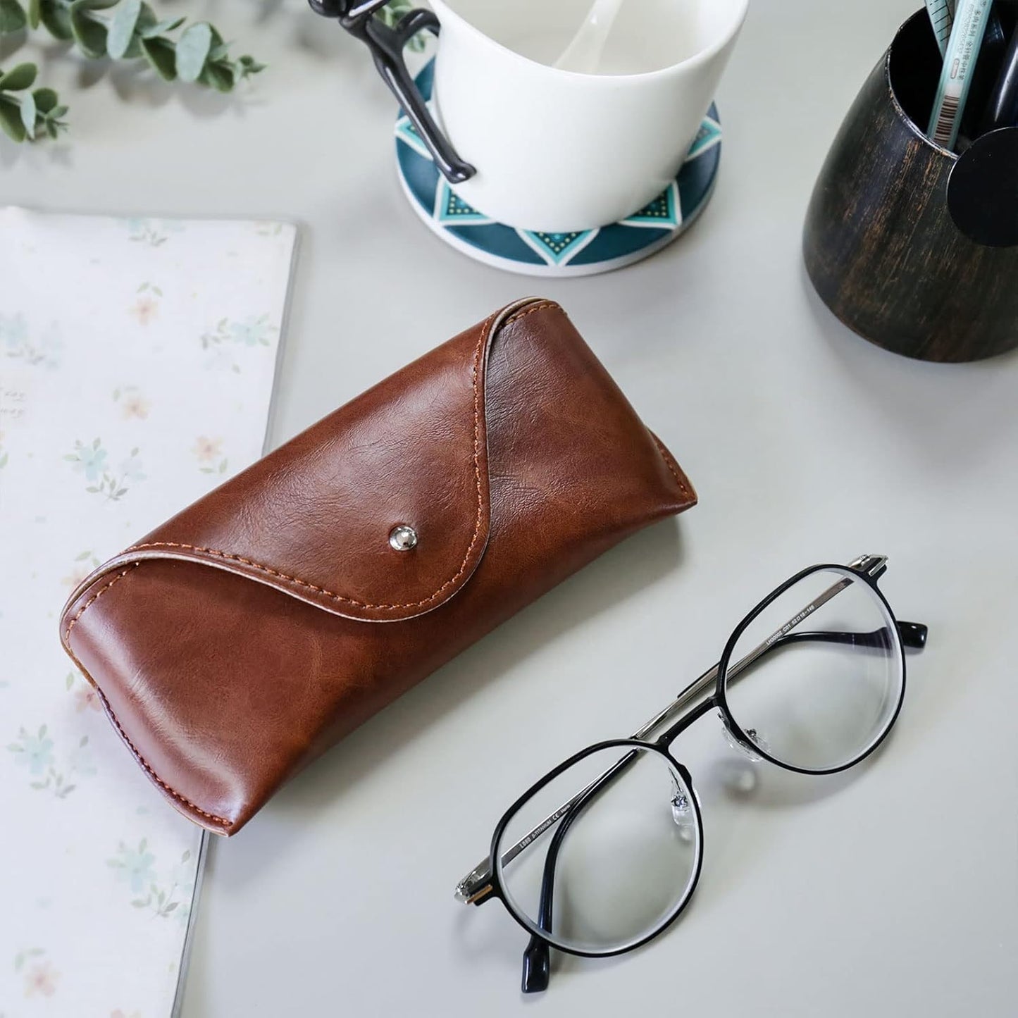 Portable Leather Glasses Case,Flexible Sunglasses Pouch Slim Case for Women Men Horizontal Eyeglass Case